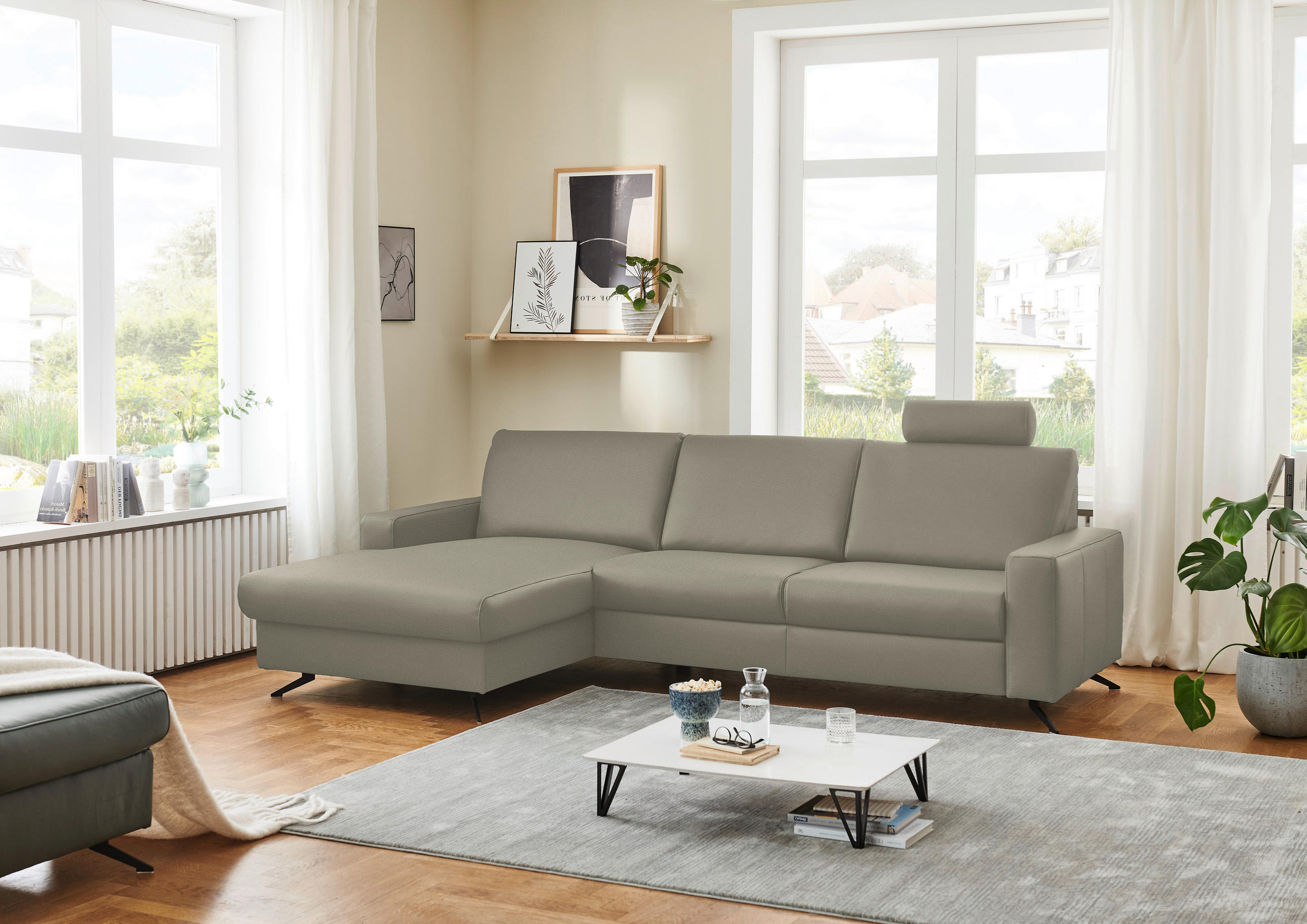 ECKSOFA in Echtleder Platinfarben  165/267 cm  - Platinfarben/Schwarz, Design, Leder/Metall (165/267cm) - Beldomo Premium