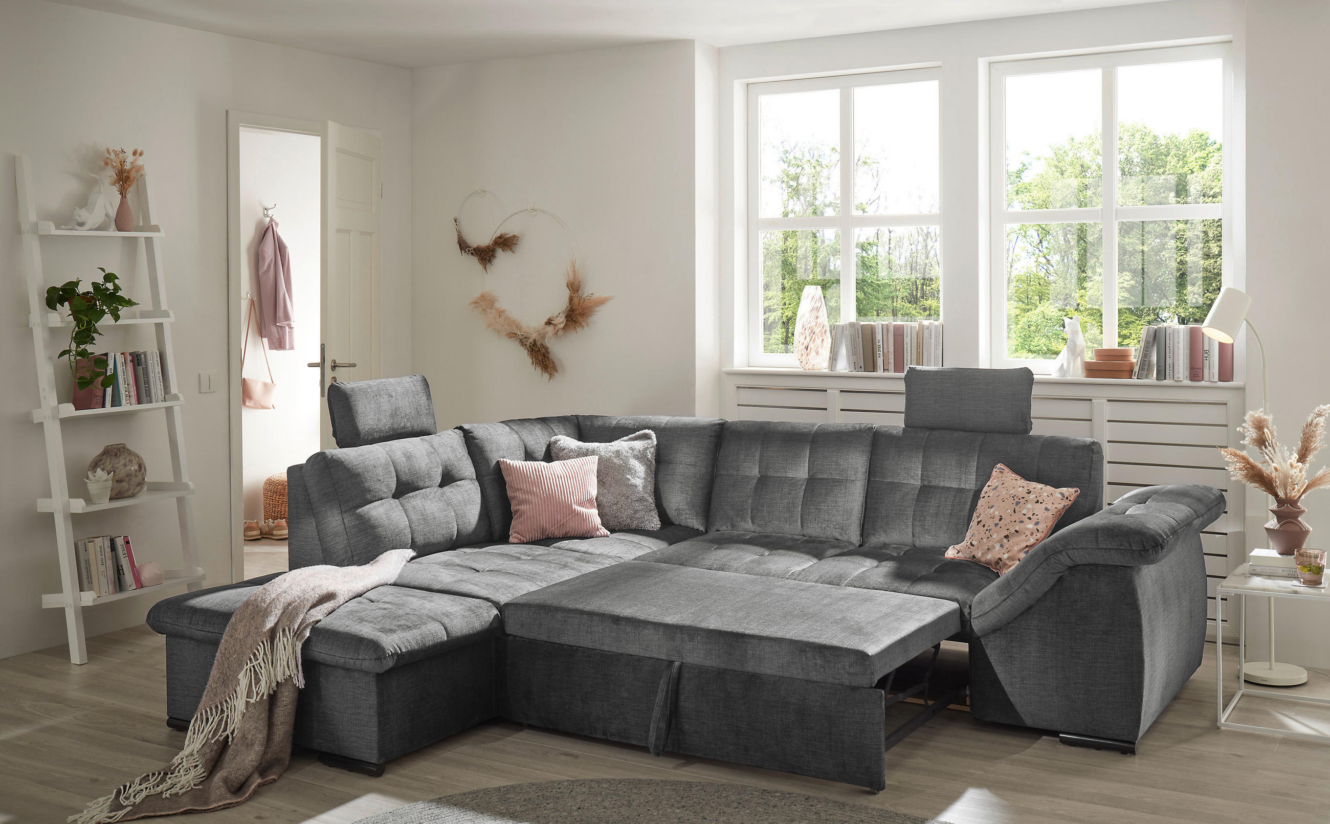 ECKSOFA in Mikrovelours Grau  - Schwarz/Grau, Konventionell, Kunststoff/Textil (217/283cm) - MID.YOU