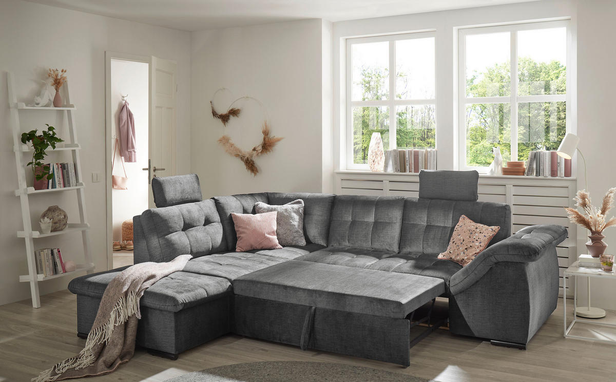 ECKSOFA in Mikrovelours Grau  - Schwarz/Grau, Konventionell, Kunststoff/Textil (217/283cm) - MID.YOU