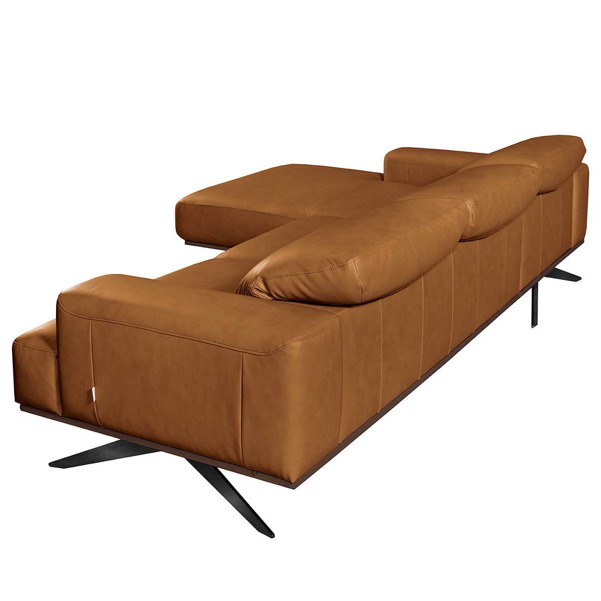 ECKSOFA Cognac Echtleder Rücken echt, Kopfteilverstellung  - Cognac/Schwarz, Design, Leder/Metall (187/295cm) - Livetastic