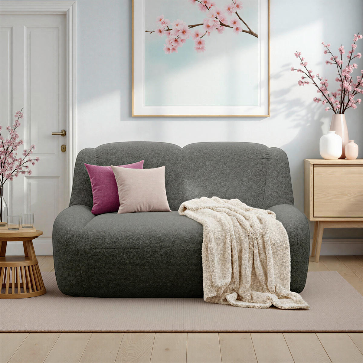 2-SITZER-SOFA 100 034 Chenille Graphitfarben  - Creme/Schwarz, MODERN, Kunststoff/Textil (147/82/93cm) - Livetastic