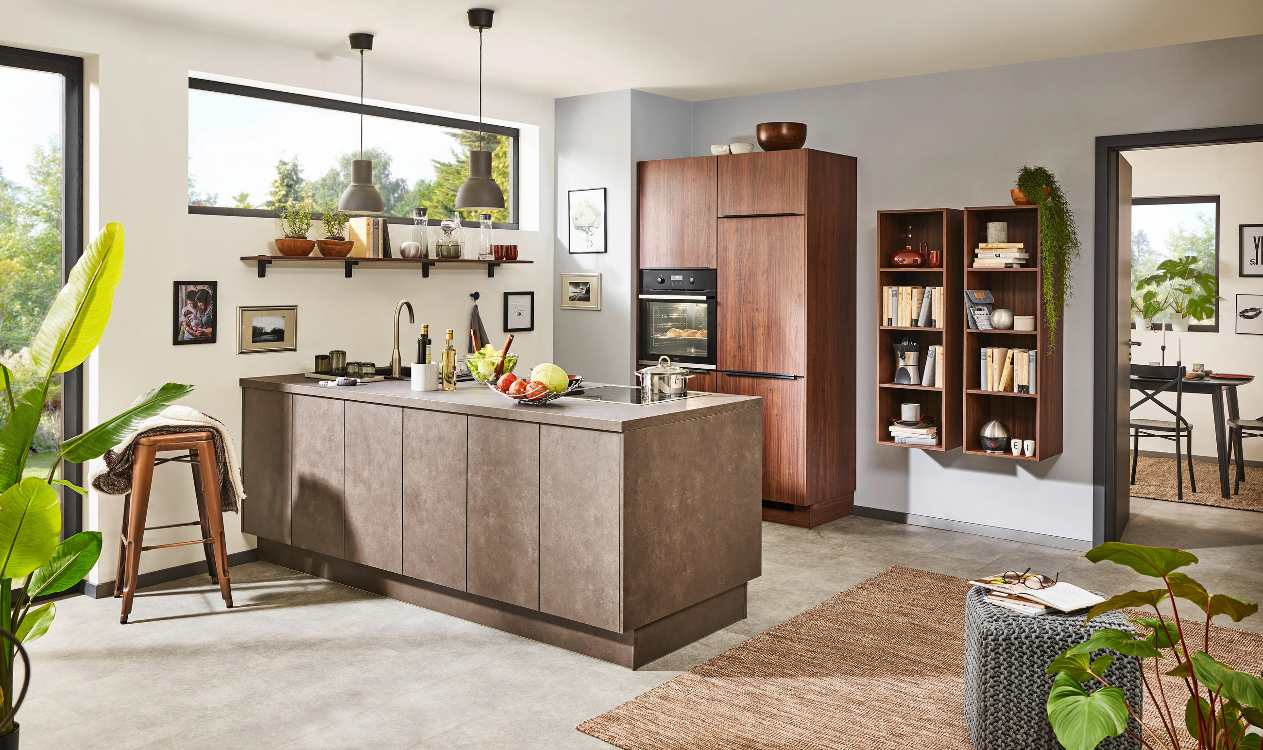 EINBAUKÜCHE 371  - Nussbaumfarben/Grau, Design, Holzwerkstoff - Celina