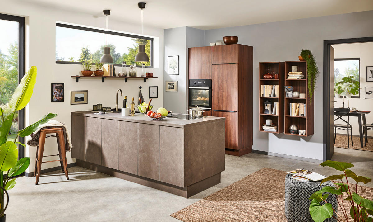 EINBAUKÜCHE 371  - Nussbaumfarben/Grau, Design, Holzwerkstoff - Celina