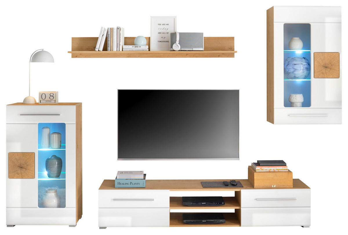 DNEVNI REGAL,  hrast artisan, bela, visoki sijaj  - srebrne barve/bela, Basics, umetna masa/steklo (240/190/43cm) - Ti'me