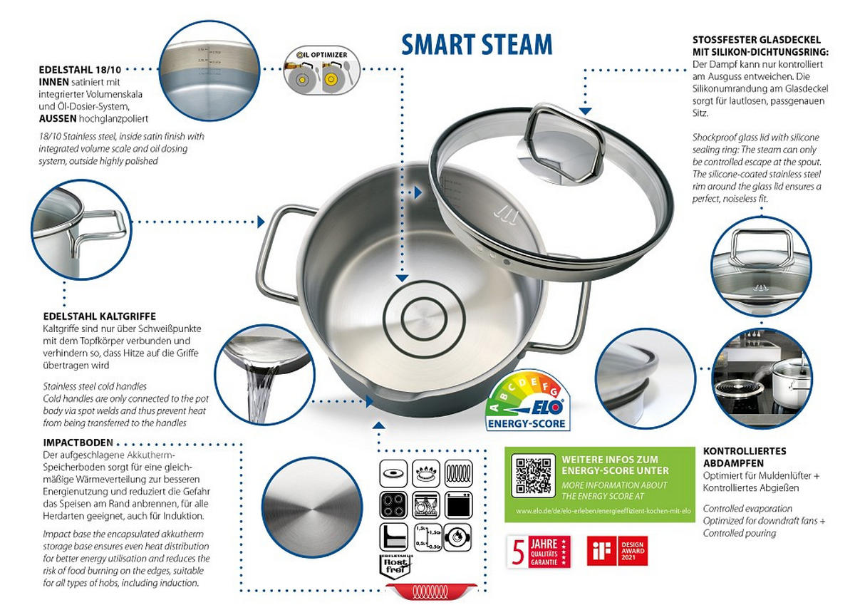 KOCHTOPFSET Smart Steam 4-teilig  - Edelstahlfarben, Basics, Metall - ELO