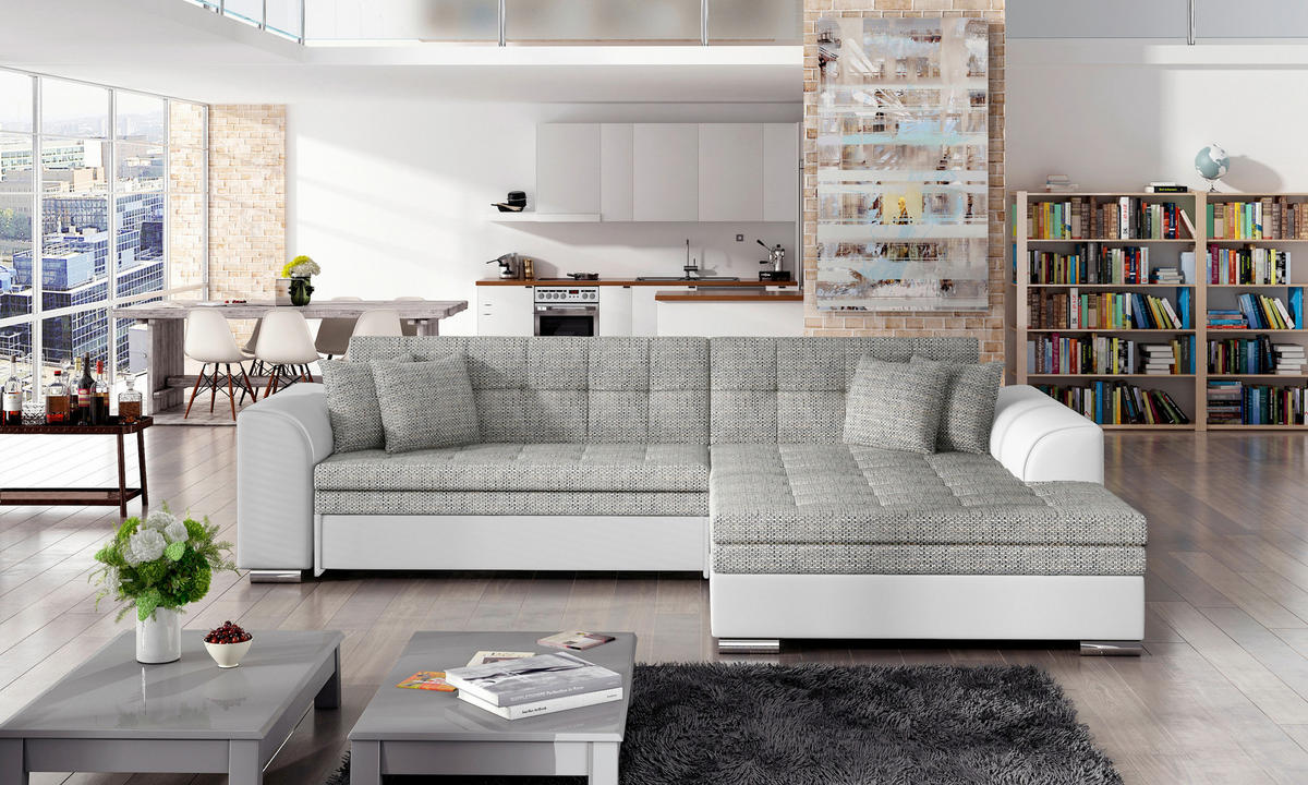 ECKSOFA in Webstoff Grau, Weiß  296/194 cm  - Chromfarben/Weiß, Design, Kunststoff/Textil (296/194cm) - MID.YOU