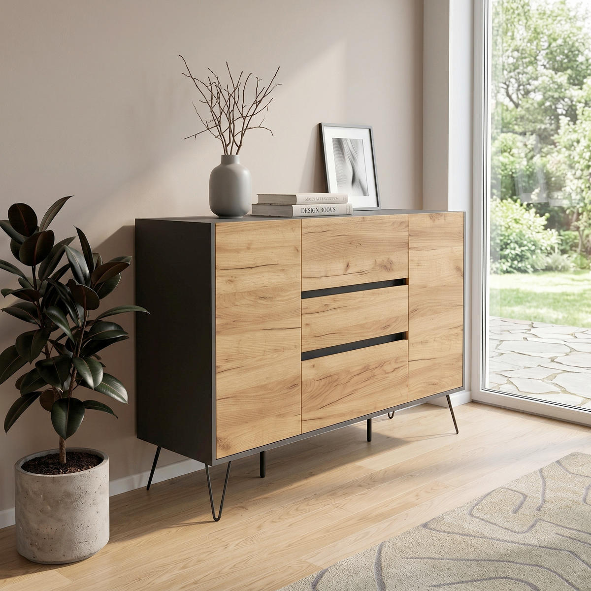SIDEBOARD Posseik Industrial 140/93,6/42 cm 3 Schublade(n)  - Eichefarben/Graphitfarben, Design, Holzwerkstoff/Metall (140/93,6/42cm) - MID.YOU