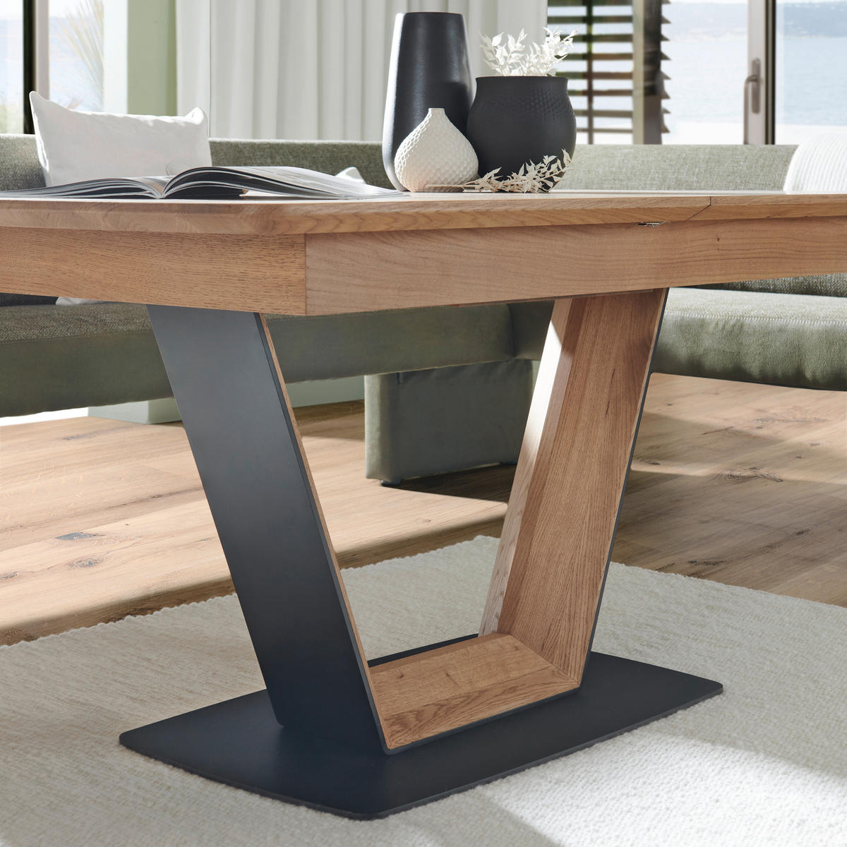 ESSTISCH Eichefarben, Schwarz rechteckig  in verschiedenen Größen erhältlich, ausziehbar  - Eichefarben/Schwarz, KONVENTIONELL, Holz/Metall (150-190/90/76cm) - Voleo