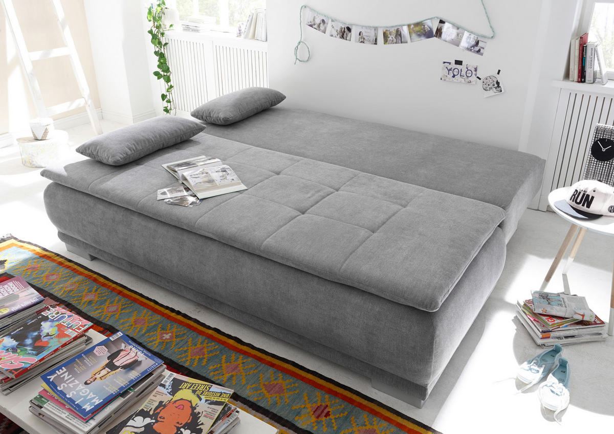 SCHLAFSOFA  mit Rücken echt Mikrovelours Silberfarben  - Schlammfarben/Silberfarben, MODERN, Kunststoff/Textil (208/93/105cm) - MID.YOU