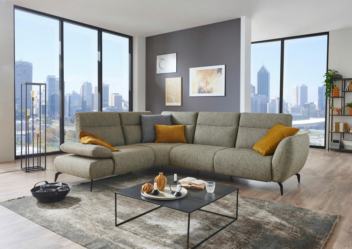 ECKSOFA in Webstoff Graubraun  - Graubraun/Schwarz, Design, Textil/Metall (223/290cm) - Moderano