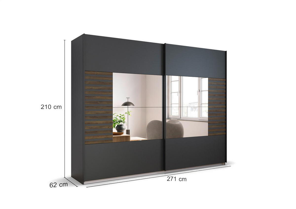 GARDEROB MED SKJUTDÖRRAR 271/210/62 cm 2-dörrar - mörkgrå/mörk ek, Modern, metall/trämaterial (271/210/62cm) - Rauch Möbel