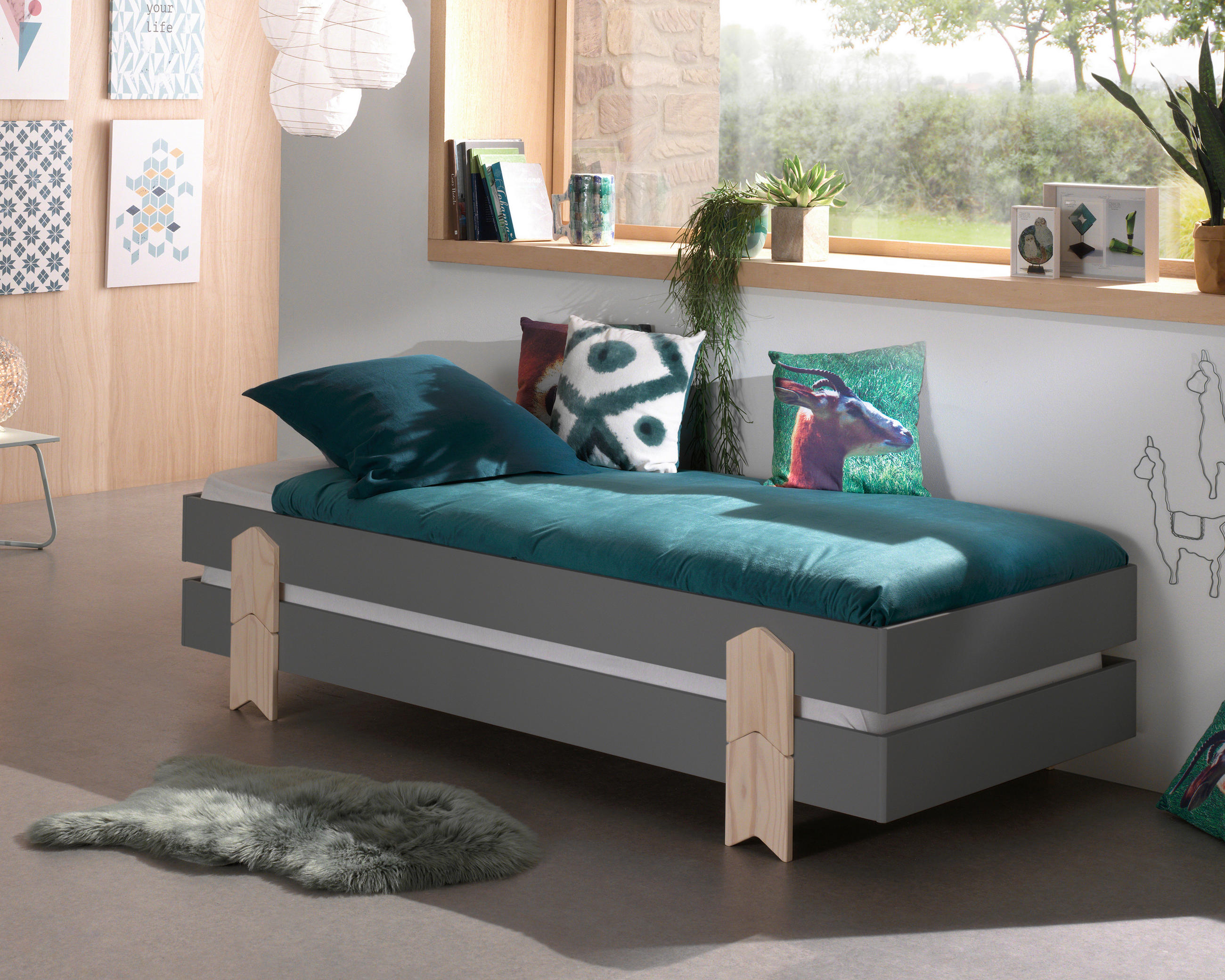 STAPELBETT 90/200 cm Grau - Kieferfarben/Grau, MODERN, Holz/Holzwerkstoff (90/200cm) - MID.YOU