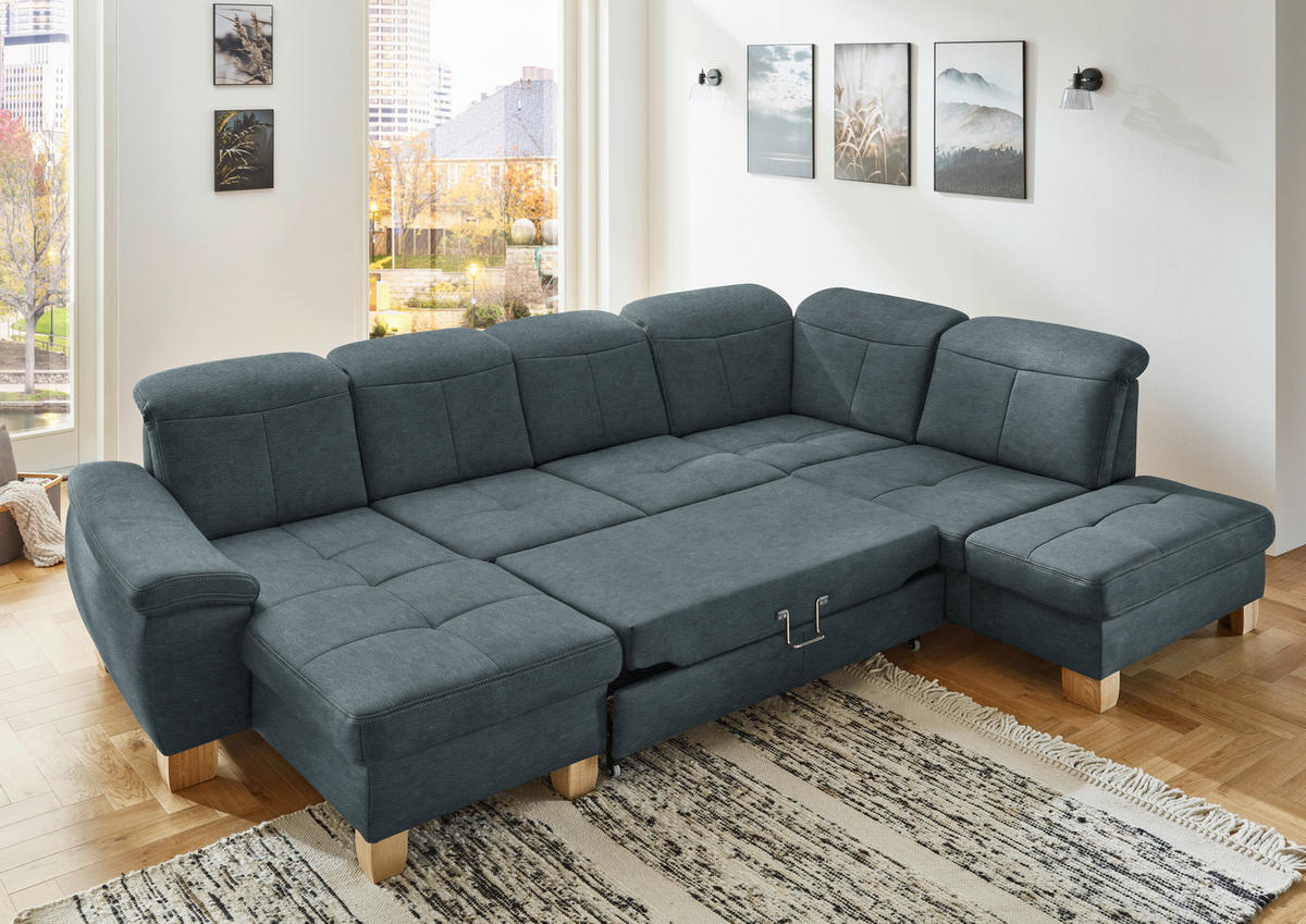 WOHNLANDSCHAFT in Mikrofaser Blau  - Wildeiche/Blau, Konventionell, Holz/Textil (185/343/243cm) - Voleo