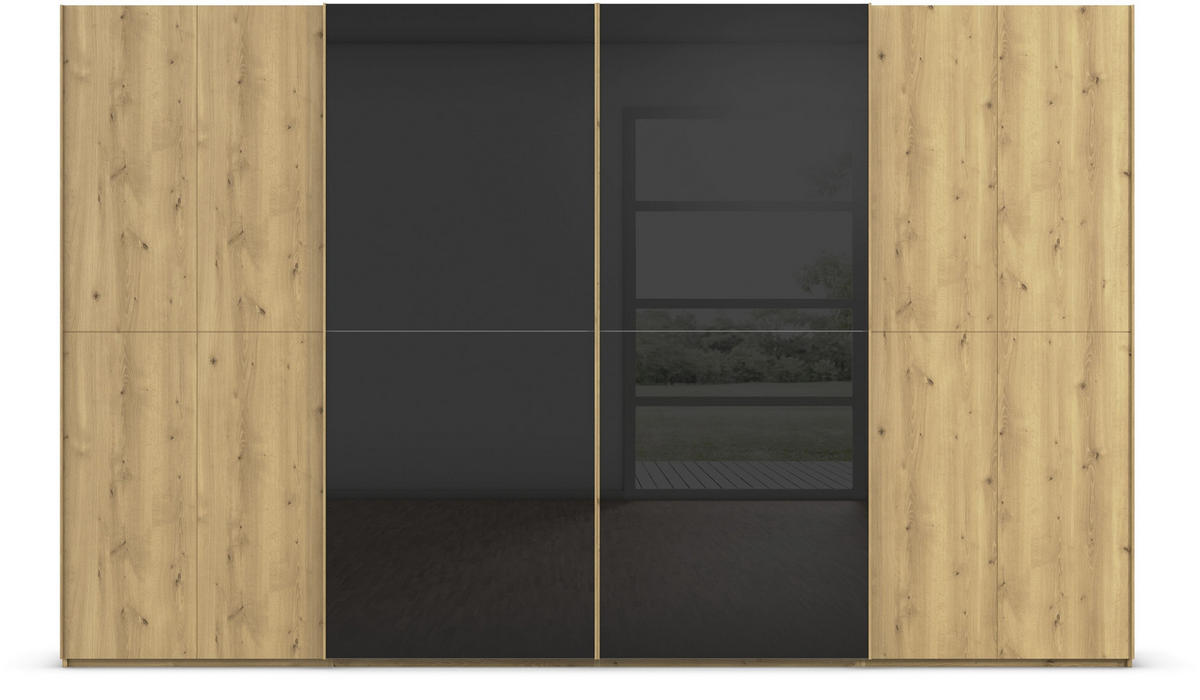 SCHWEBETÜRENSCHRANK 360/223/68 cm 4-türig Schwarz, Eichefarben  - Eichefarben/Schwarz, Design, Glas/Holz (360/223/68cm) - Novel