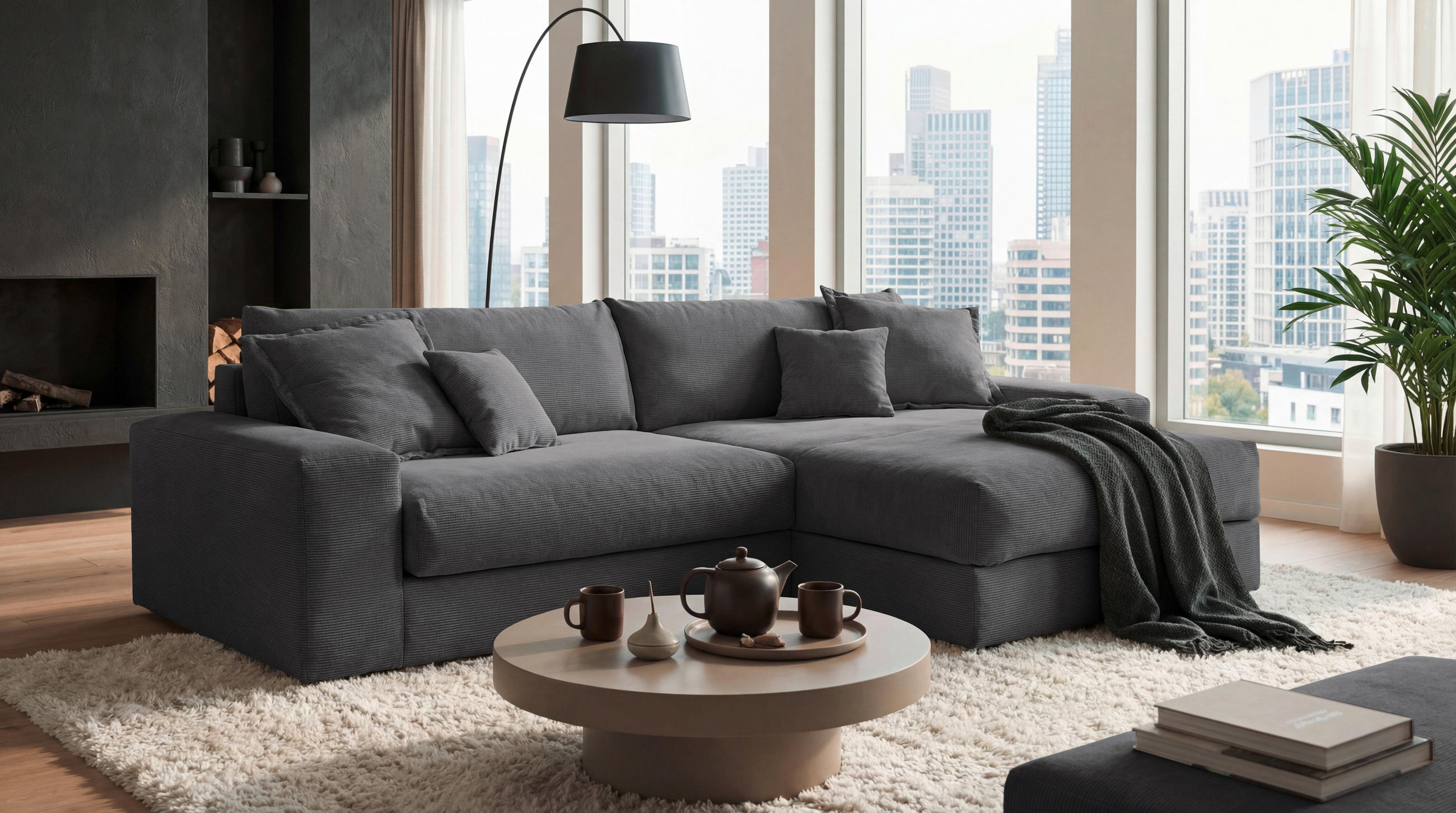 ECKSCHLAFSOFA  KAMIL Anthrazit Cord  - Anthrazit/Schwarz, MODERN, Kunststoff/Textil (180/297cm) - Livetastic