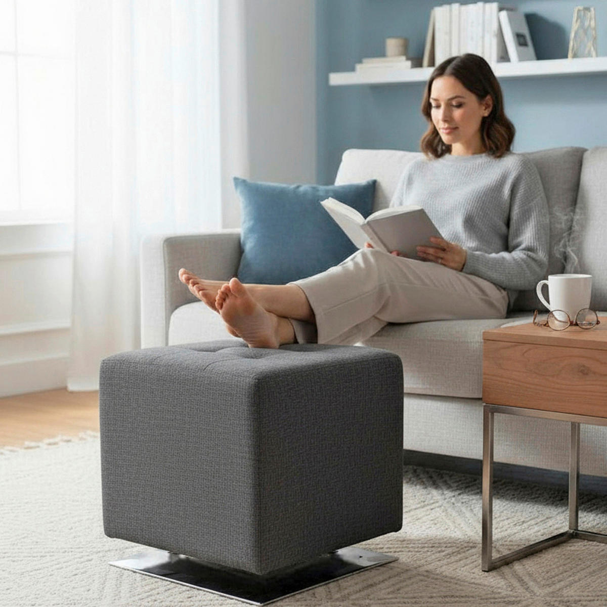 HOCKER Flachgewebe Anthrazit  - Chromfarben/Anthrazit, MODERN, Textil/Metall (41/43/41cm)