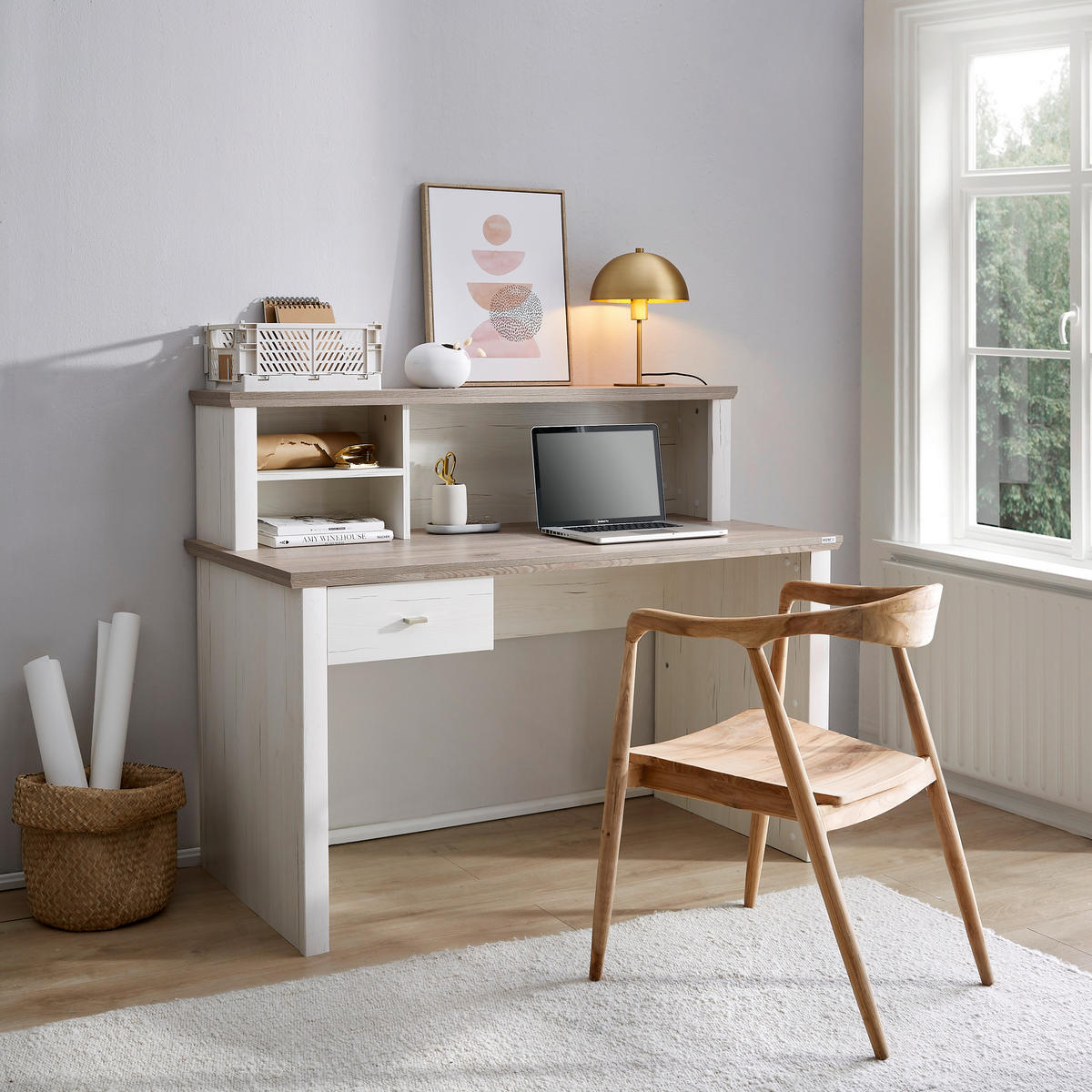 ÍRÓSZEKRÉNY 138/110/65 cm  - nikkelszínű/fehér, Design, faalapú anyag/fém (138/110/65cm) - Hom`in