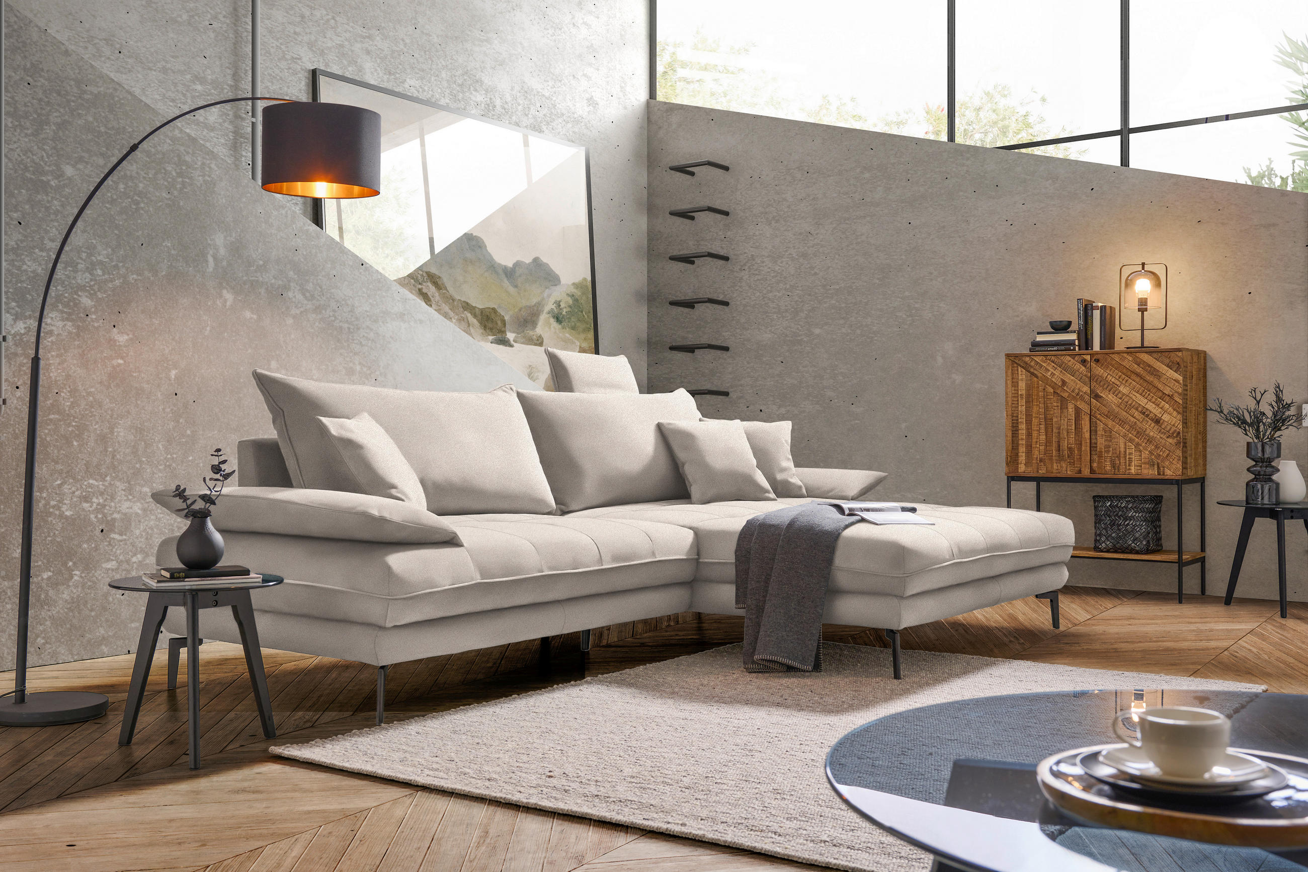 ECKSOFA PRATO Beige Mikrofaser  - Beige/Schwarz, MODERN, Textil/Metall (292/176cm) - MID.YOU