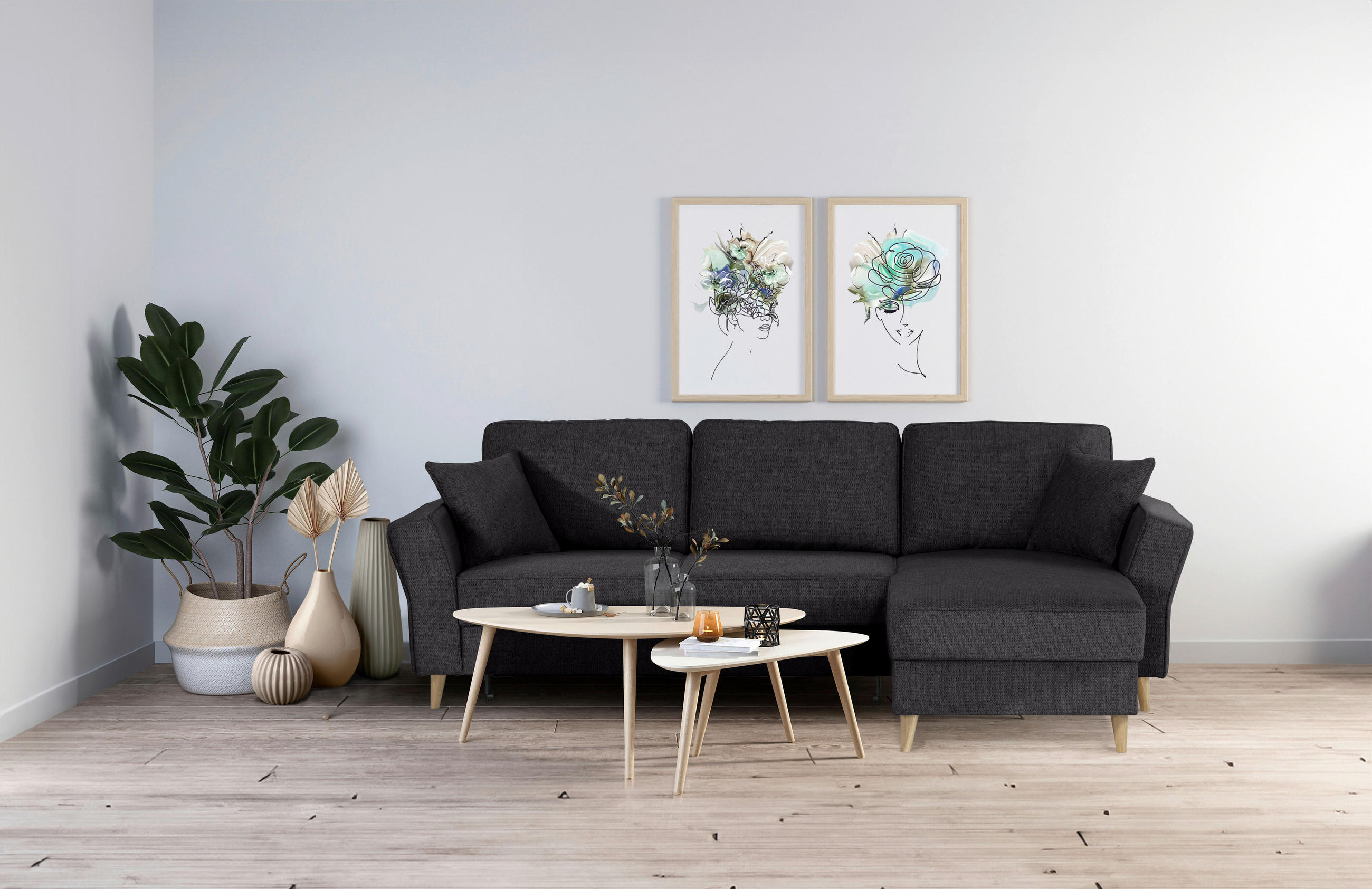 ECKSOFA Schwarz Flachgewebe  - Eichefarben/Schwarz, KONVENTIONELL, Holz/Textil (265/159cm) - Carryhome