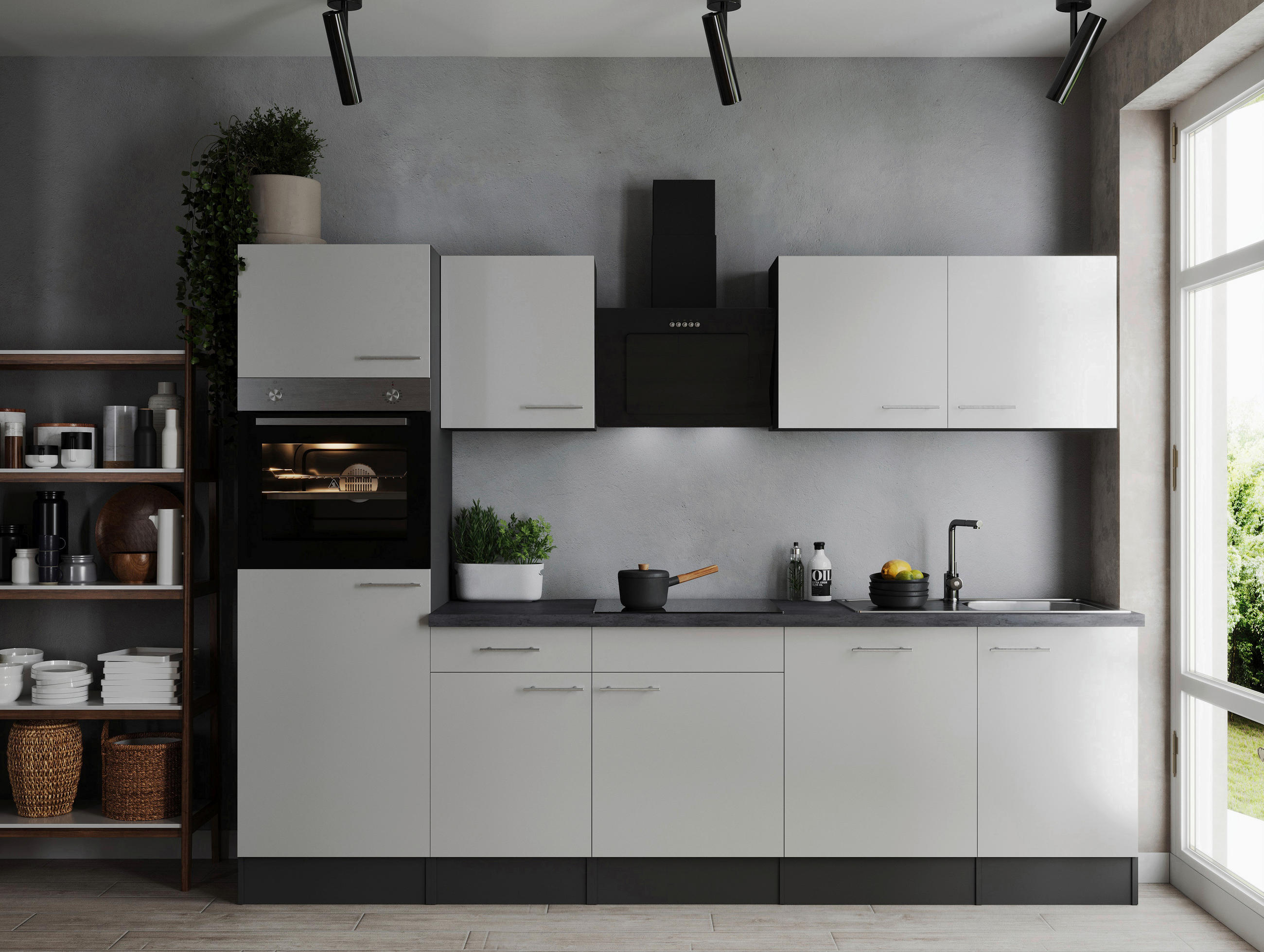 KÜCHENBLOCK 280 cm   in Grau, Weiß  - Silberfarben/Weiß, Design, Holzwerkstoff/Metall (280cm) - Respekta