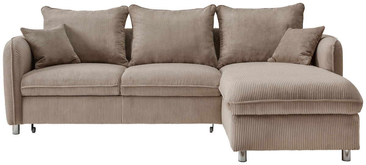 ECKSCHLAFSOFA  mit Rücken echt, Armteil links, Armteil rechts Cord Graubraun  - Chromfarben/Graubraun, MODERN, Textil/Metall (254/160cm) - Livetastic