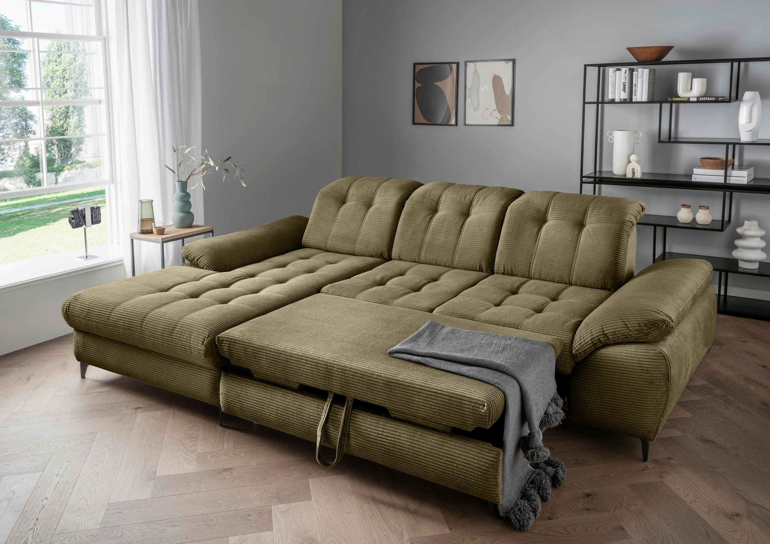 ECKSCHLAFSOFA Cord Olivgrün  - Schwarz/Olivgrün, MODERN, Textil/Metall (189/273cm) - Livetastic