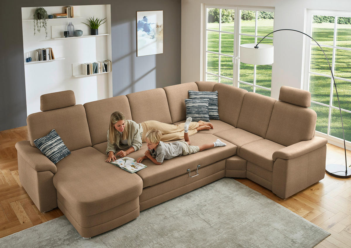 WOHNLANDSCHAFT  in Chenille Altrosa, Hellbraun  - Hellbraun/Alufarben, KONVENTIONELL, Holz/Textil (160/329/235cm) - Beldomo Comfort