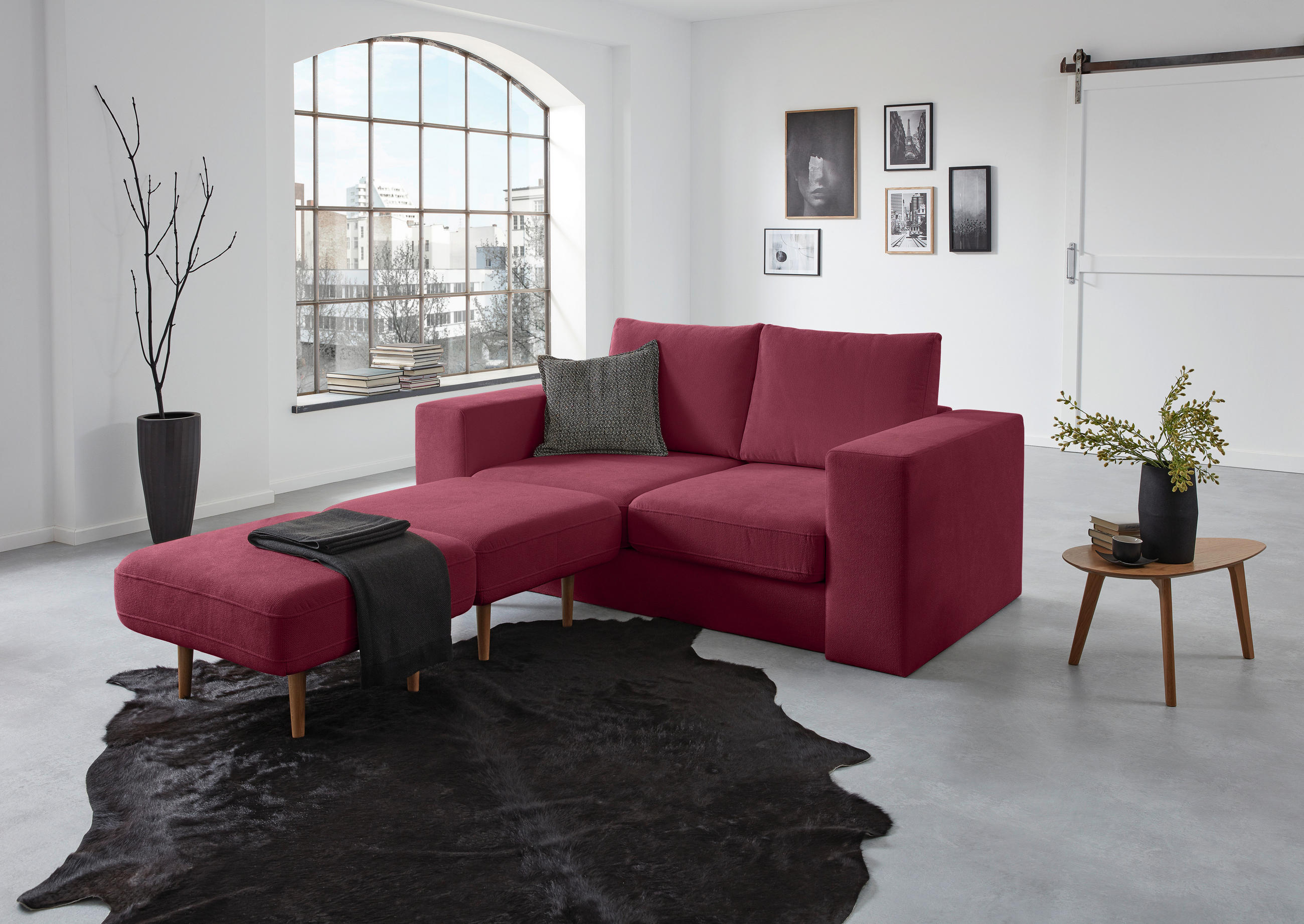 2,5-SITZER inkl. Hocker Webstoff Rot, Beere  - Eichefarben/Beere, Design, Holz/Textil (192/96/107cm) - LOOKS by W.Joop