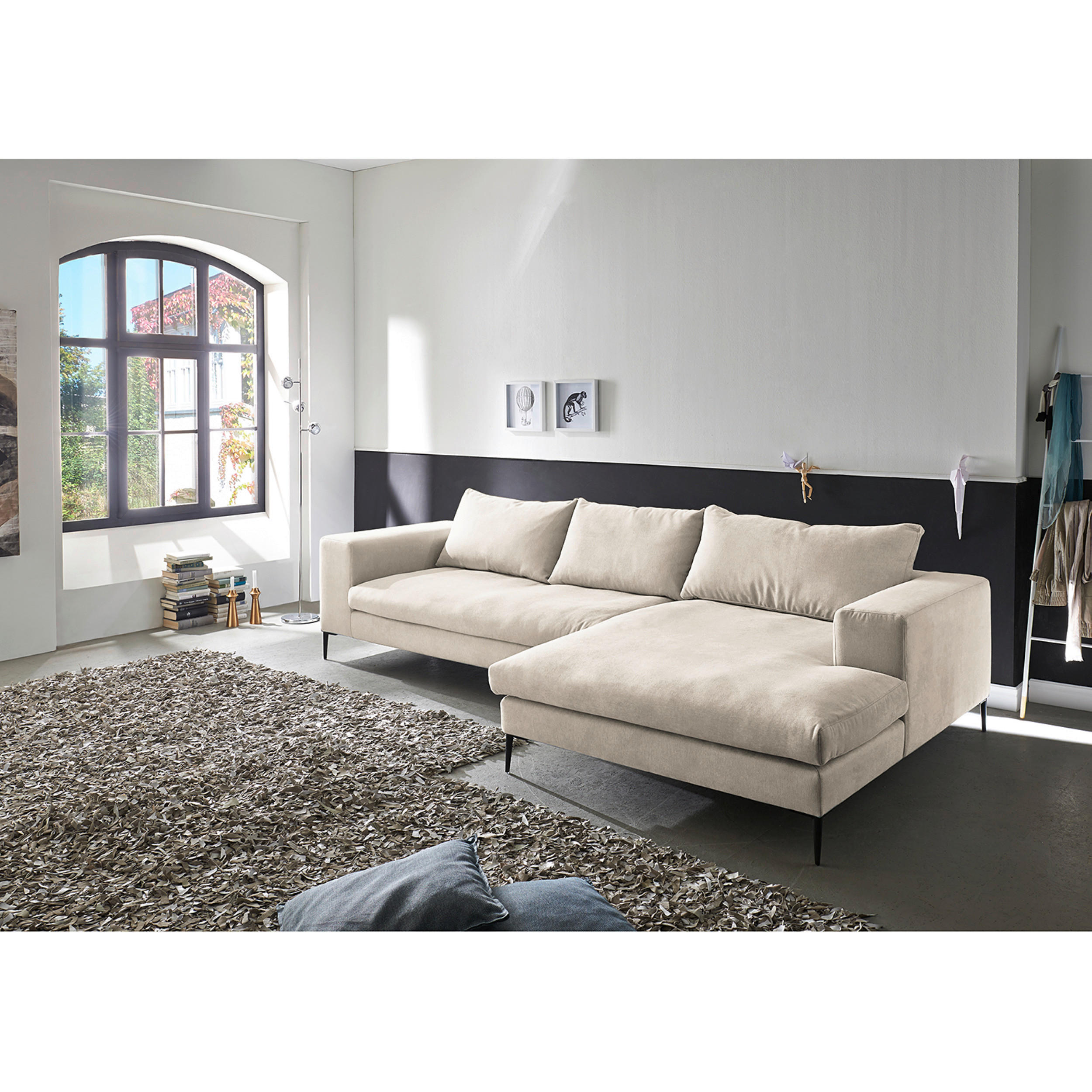 ECKSOFA Beige Webstoff  - Beige/Schwarz, Design, Textil/Metall (275/170cm) - home24