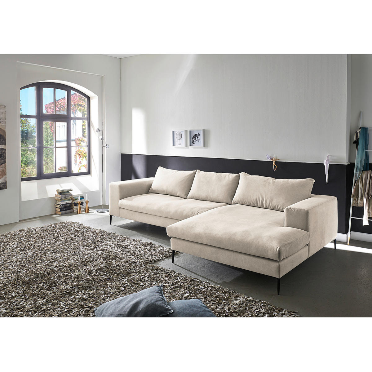 ECKSOFA Beige Webstoff  - Beige/Schwarz, Design, Textil/Metall (275/170cm) - home24