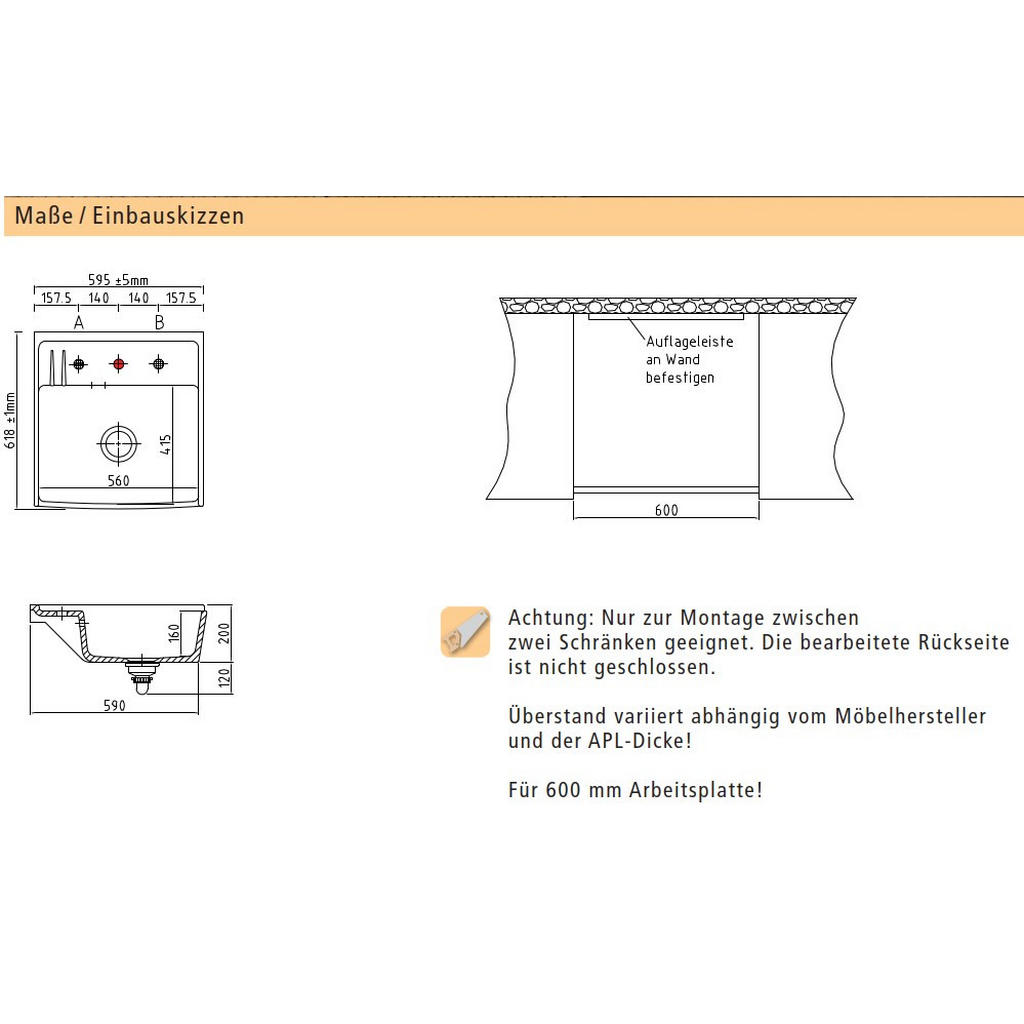 Thumbnail - Systemceram Spüle Kentro 60, Fango, Keramik, 59.5x20.0x61.8 cm, Küchen, Küchenausstattung, Küchenspülen