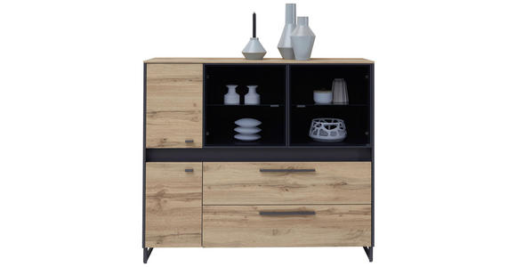 SIDEBOARD Grau, Eichefarben Befestigungsmaterial, Einlegeböden  - Eichefarben/Grau, Trend, Glas/Holzwerkstoff (144/126/40cm) - Hom`in