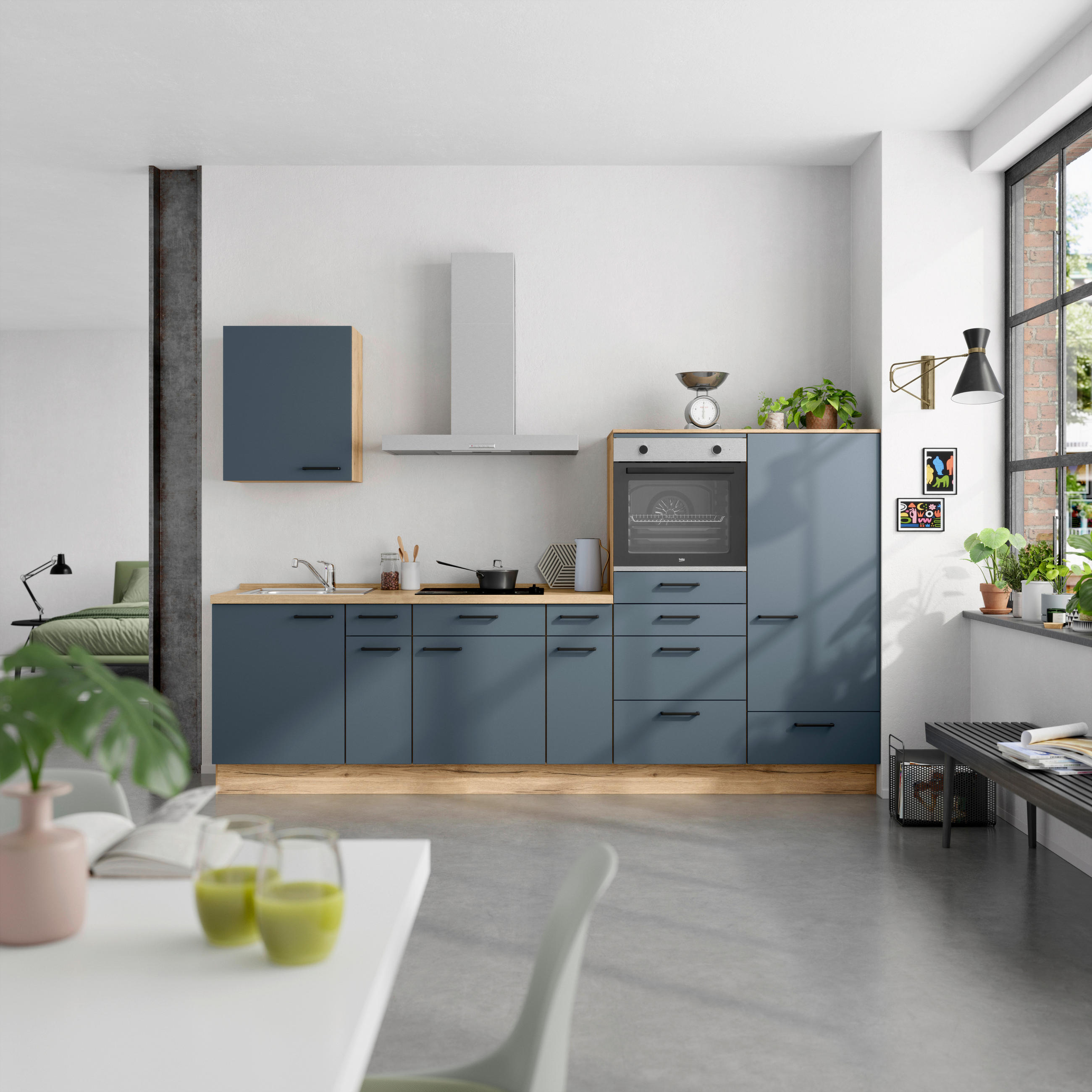 KÜCHENBLOCK 300 cm   in Eichefarben, Dunkelblau  - Eichefarben/Schwarz, MODERN, Holzwerkstoff/Metall (300cm) - Nobilia