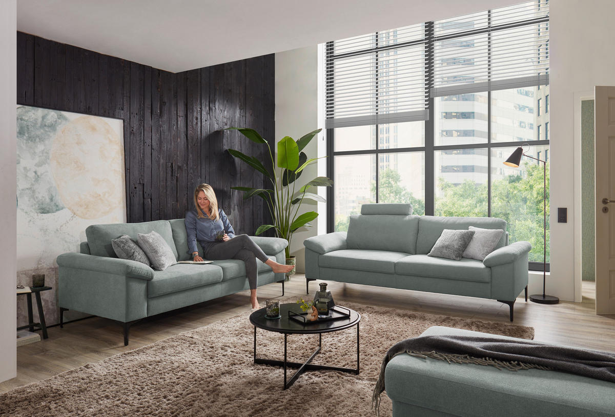 2,5-SITZER in Flachgewebe Blaugrau  - Blaugrau/Schwarz, Design, Textil/Metall (206/86/97cm) - Pure Home Lifestyle