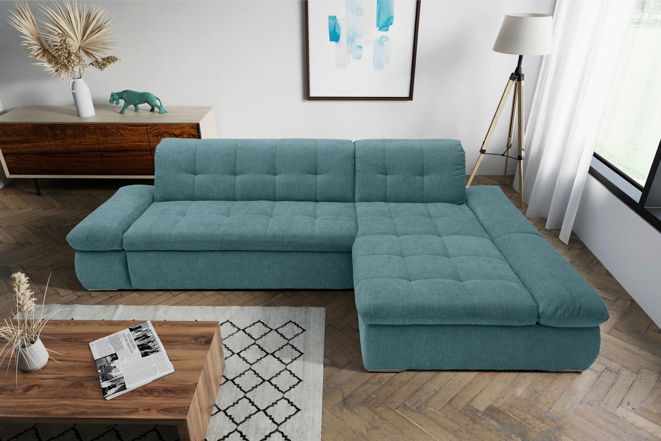 ECKSOFA Petrol Mikrofaser - Chromfarben/Petrol, KONVENTIONELL, Textil/Metall (300/172cm) - MID.YOU