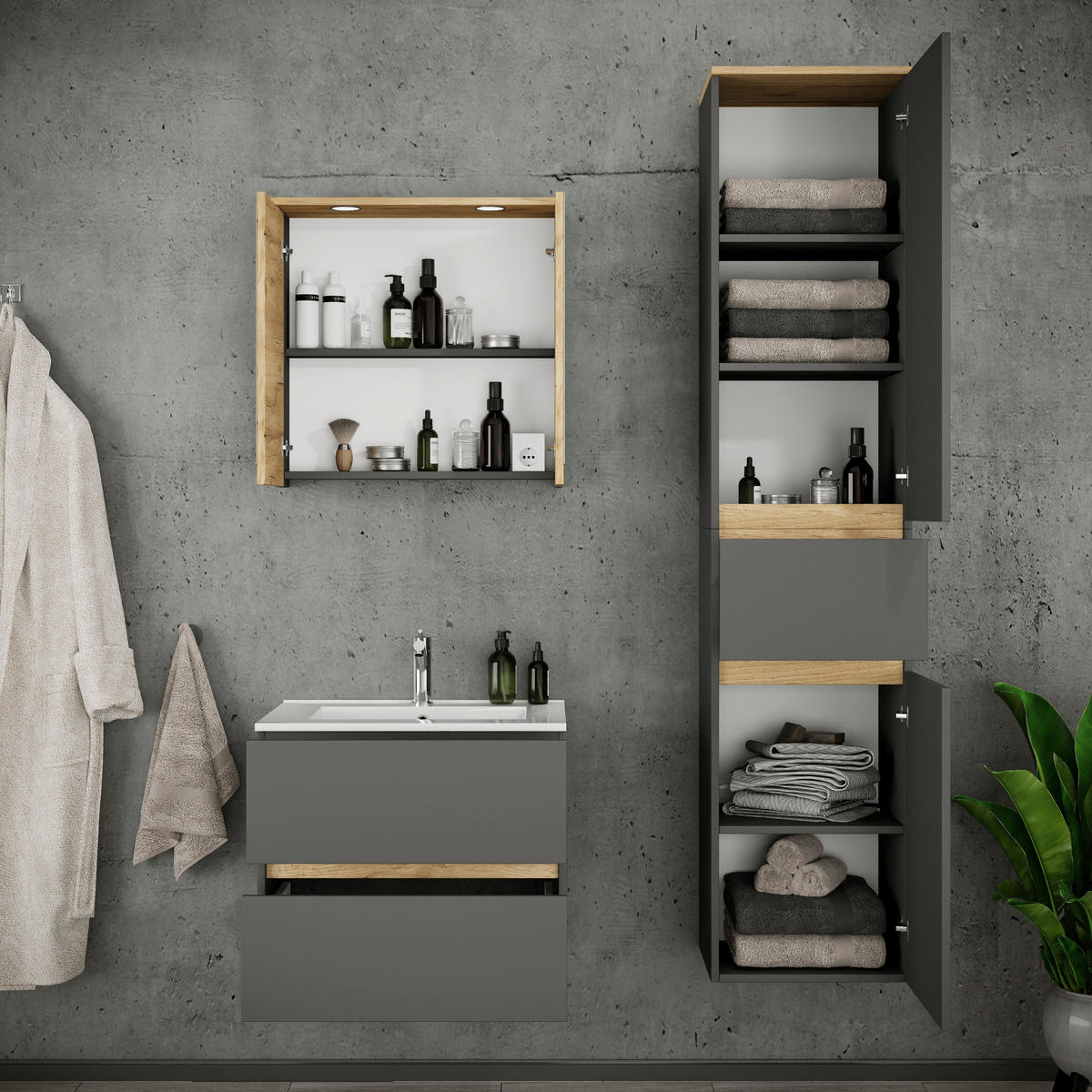 BADEZIMMER 4-teilig 101 cm  - Honigeiche/Weiss, Trend, Keramik/Holzwerkstoff (101cm) - MID.YOU