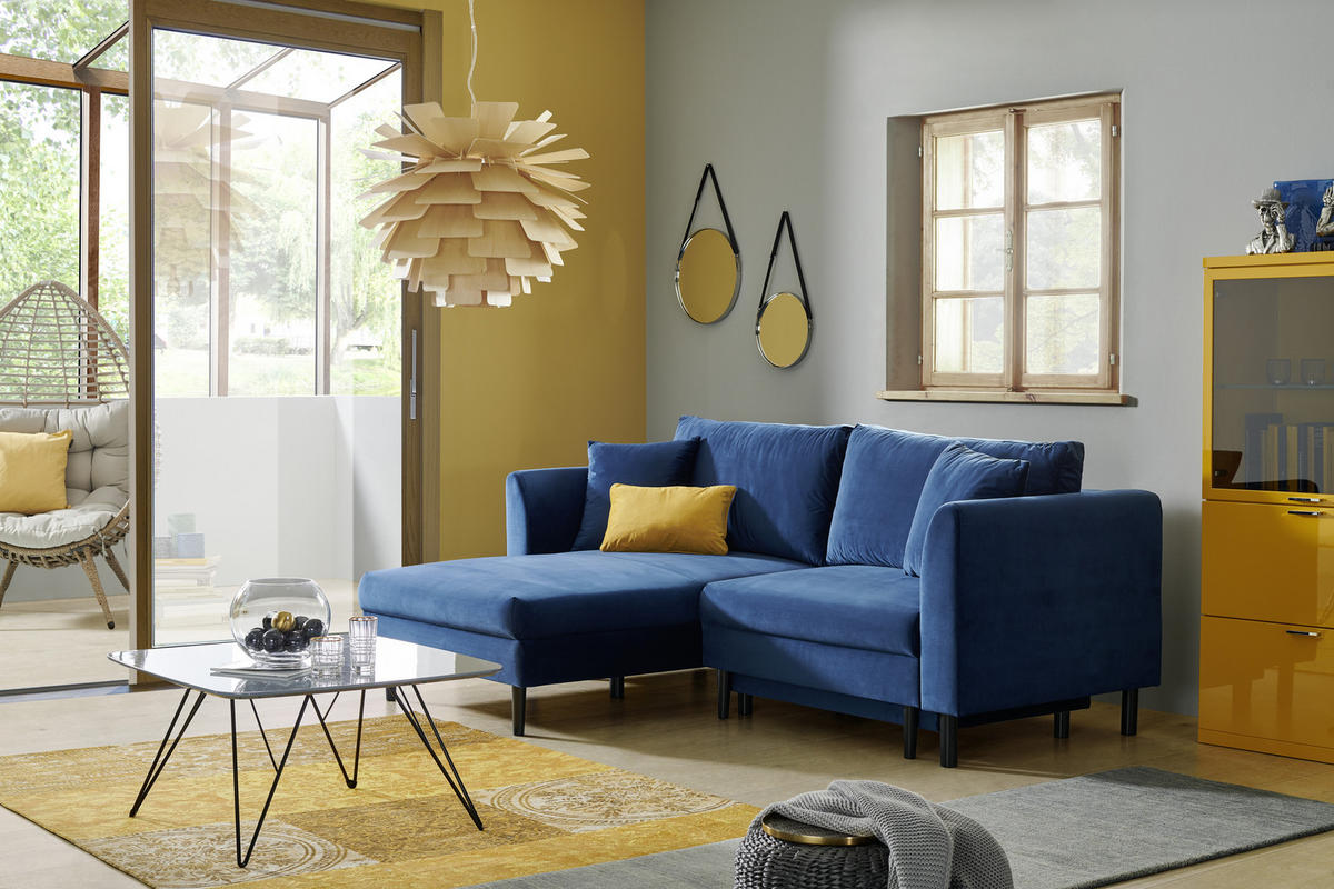 ECKSOFA Blau Velours  - Blau/Schwarz, Design, Holz/Textil (235/165cm) - Ti'me