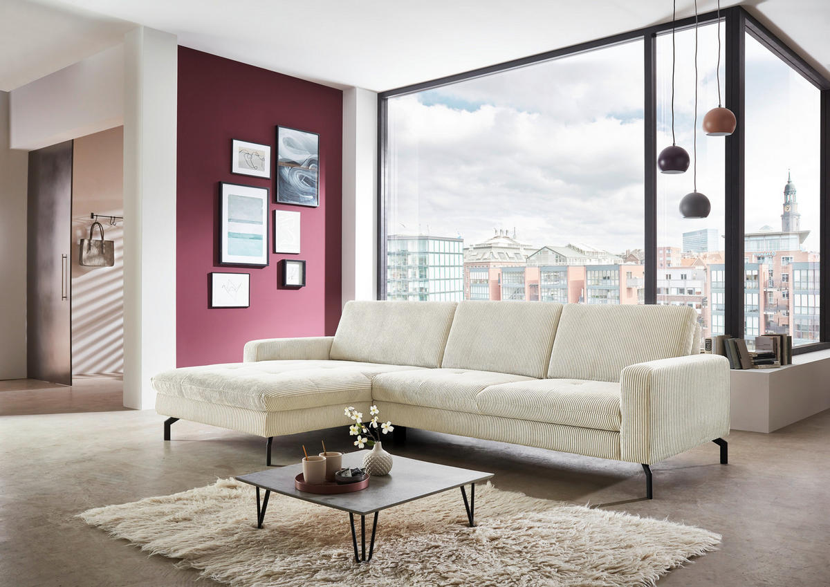 ECKSOFA in Cord Creme  - Creme/Schwarz, Design, Textil/Metall (178/302cm) - Beldomo Style