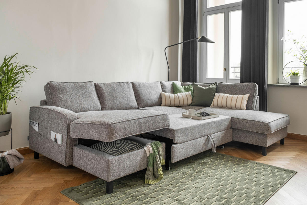 SOFFA i struktur grå  - svart/grå, trä/textil (148/298/198cm) - MID.YOU