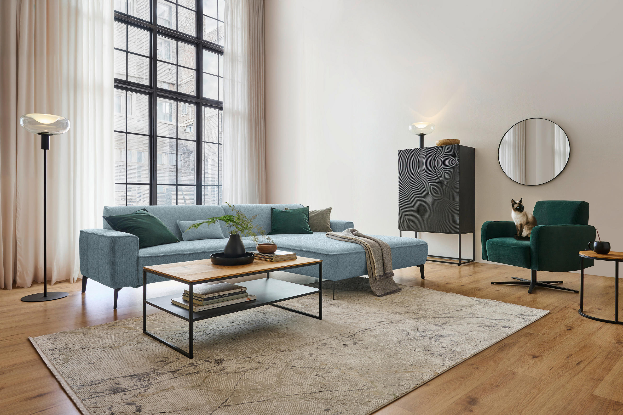 ECKSOFA in Flachgewebe Hellblau  - Schwarz/Hellblau, Design, Textil/Metall (285/190cm) - Johann Jakob