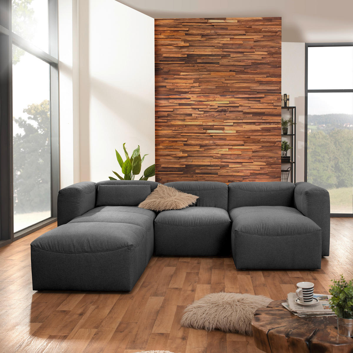 WOHNLANDSCHAFT Anthrazit Flachgewebe  - Anthrazit, Design, Kunststoff/Textil (235/275/160cm) - Max Winzer