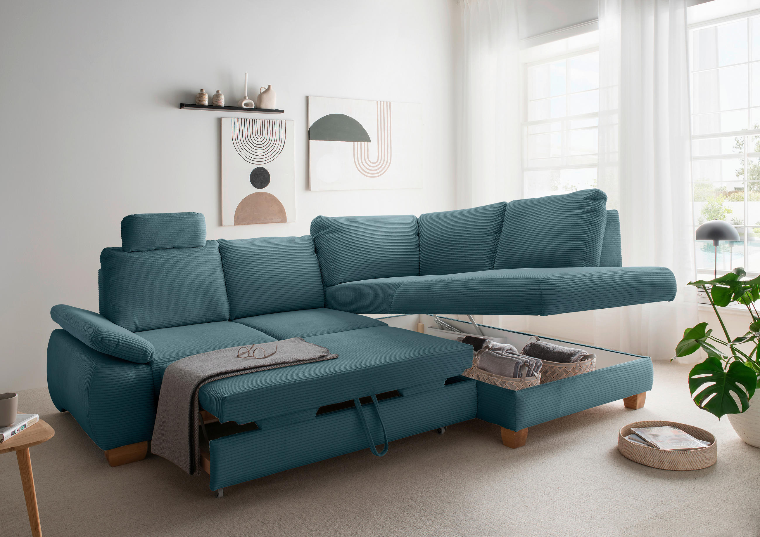 ECKSCHLAFSOFA in Cord Petrol  - Wildeiche/Petrol, Modern, Holz/Textil (261/206cm) - Livetastic