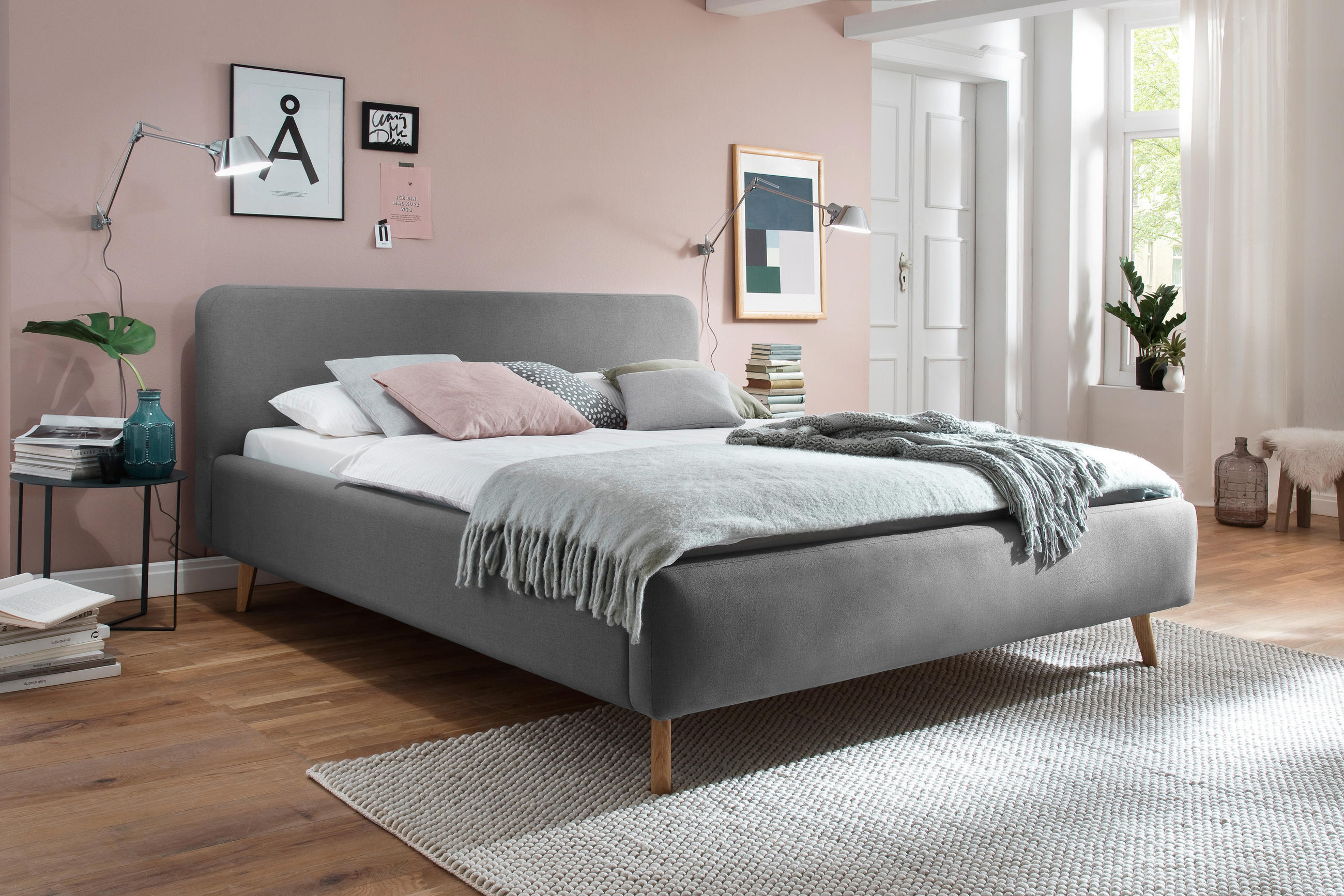 KÁRPITOZOTT ÁGY 180/200 cm  világosszürke  - világosszürke/tölgyfa, Design, textil/fa (180/200cm) - Livetastic