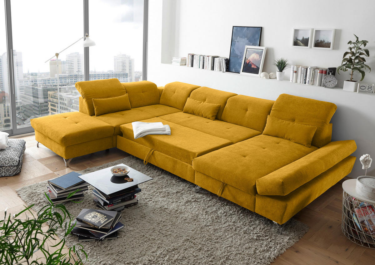 WOHNLANDSCHAFT in Mikrovelours Gelb  - Gelb/Silberfarben, Modern, Textil/Metall (245/350/168cm) - MID.YOU