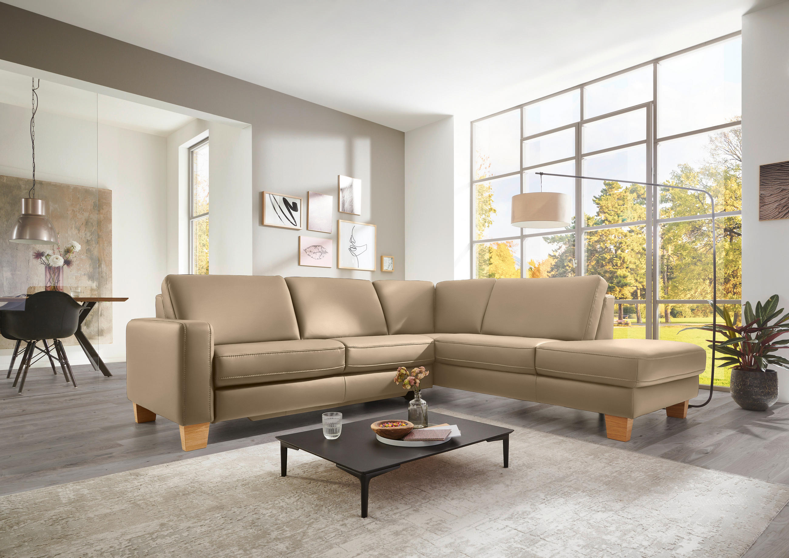 ECKSOFA in Echtleder Greige  - Eiche Bianco/Greige, Konventionell, Leder/Holz (257/235cm) - Valdera