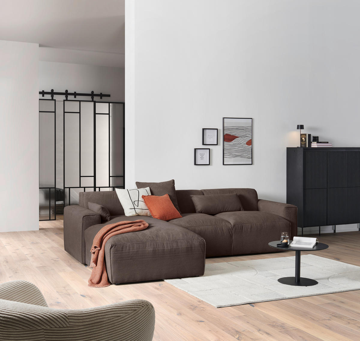 ECKSOFA in Cord Mokka  - Schwarz/Mokka, Design, Kunststoff/Textil (196/303cm) - Livetastic