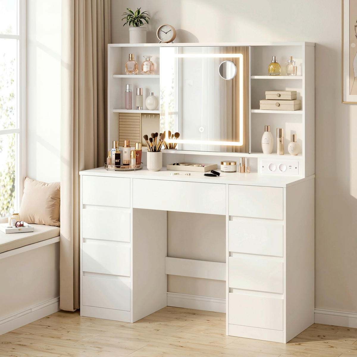 SCHMINKTISCH 110/40/141,5 cm, Weiß  - Weiß, KONVENTIONELL, Glas/Holzwerkstoff (110/40/141,5cm) - Boxxx