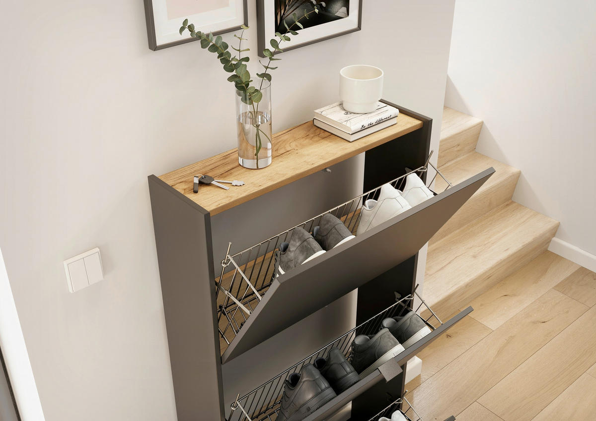 SCHUHSCHRANK Graphitfarben, Eichefarben  - Eichefarben/Schwarz, Design, Holzwerkstoff/Kunststoff (71/127/22cm)