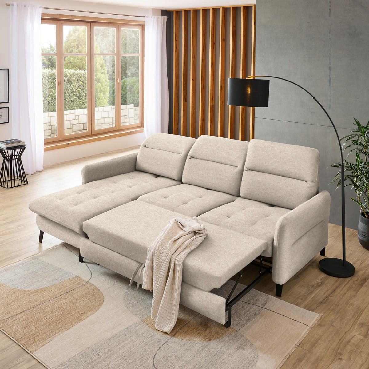 ECKSOFA Beige Plüsch  - Beige/Schwarz, KONVENTIONELL, Textil/Metall (190/254cm) - Livetastic