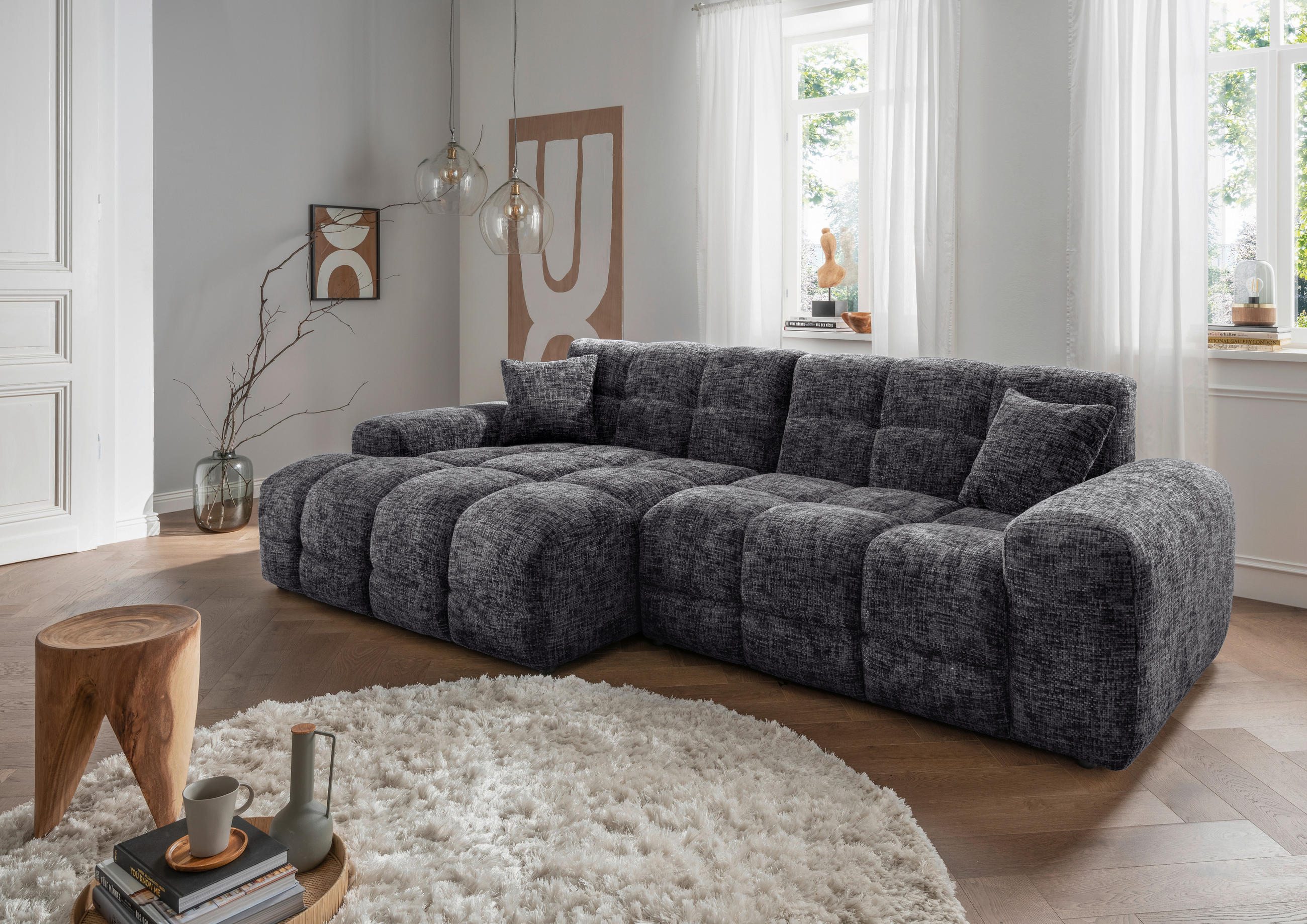 ECKSOFA in Struktur Schwarz  - Schwarz, Modern, Kunststoff/Textil (152/301cm) - Livetastic